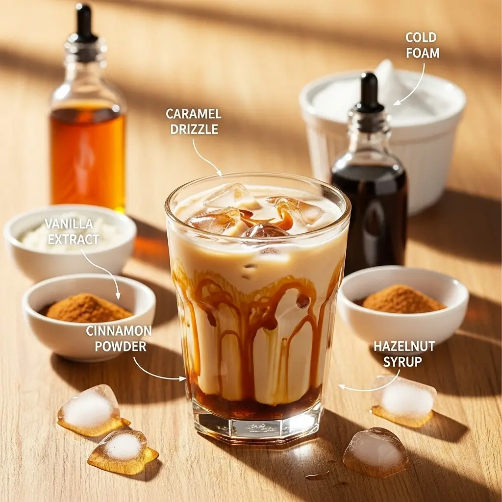Iced coffee with caramel and vanilla swirls surrounded by flavor syrups and spices on a wooden table.