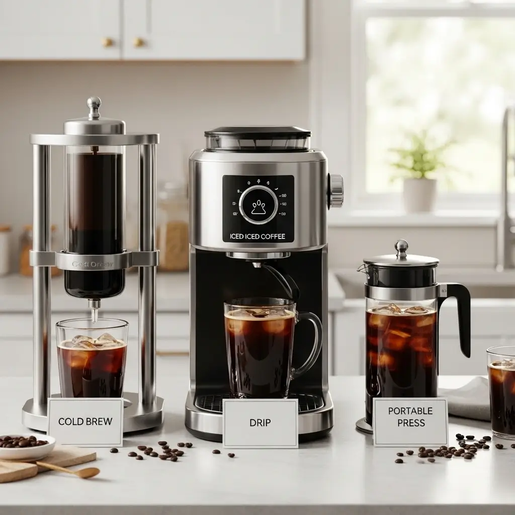 Three iced coffee maker brands displayed on a kitchen counter with matching iced coffee glasses and labels for cold brew, drip, and press styles.
