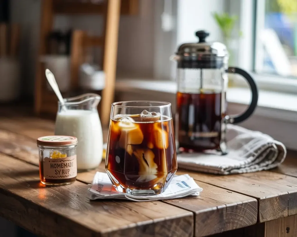 Glass of homemade iced coffee with cream swirls and vanilla syrup on a wooden kitchen counter in soft morning light.