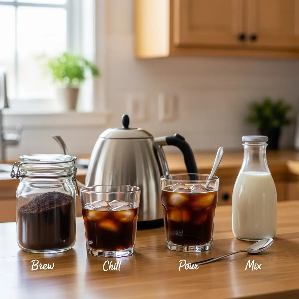Basic homemade iced coffee tools and ingredients labeled on a kitchen counter with a glass of iced coffee.