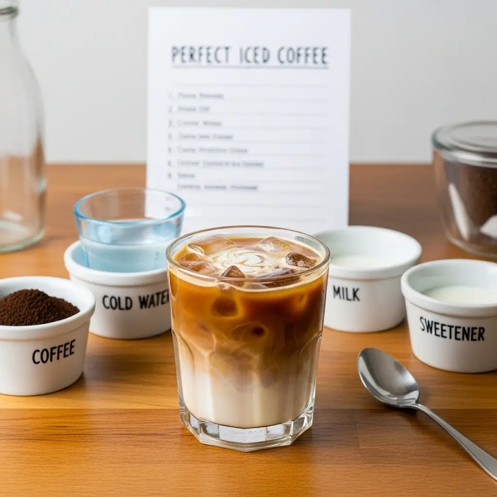 Glass of iced coffee surrounded by ingredients like milk, coffee grounds, and sweetener with a recipe card on a kitchen table.