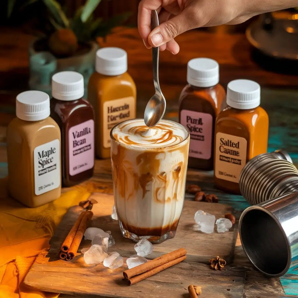 Iced coffee being customized with syrups like maple, vanilla, and pumpkin spice on a wooden counter with mix-in tools.