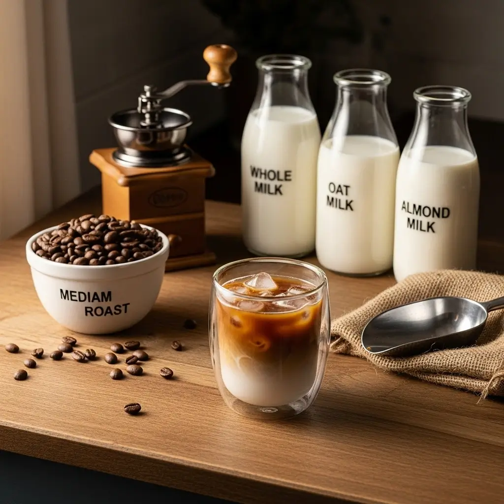 Glass of iced coffee with medium roast beans, coffee grinder, and bottles of whole, oat, and almond milk on a wooden counter.
