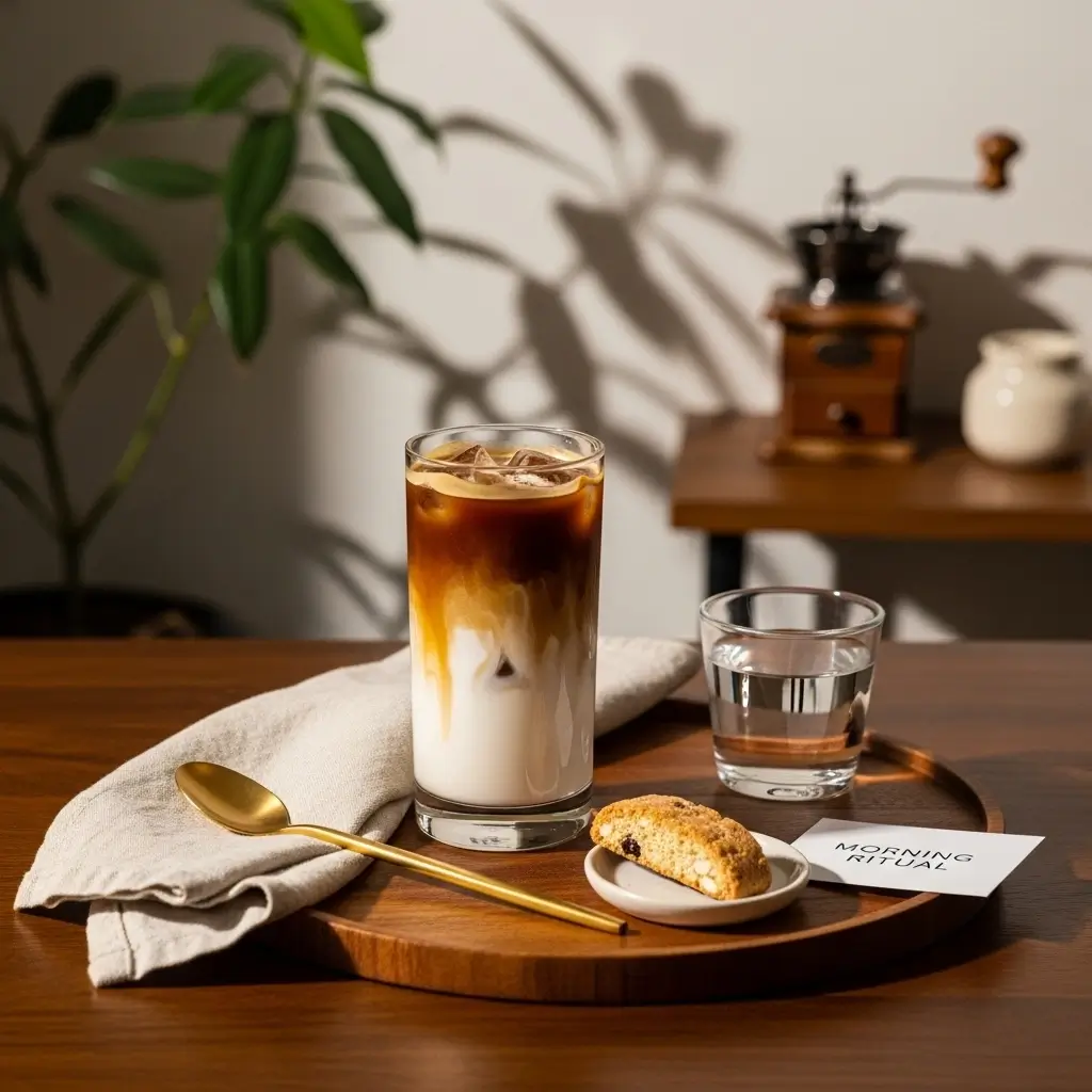 Barista-style iced coffee on a wooden tray with cream swirl, gold spoon, biscotti, and a ritual card in a cozy home café corner.