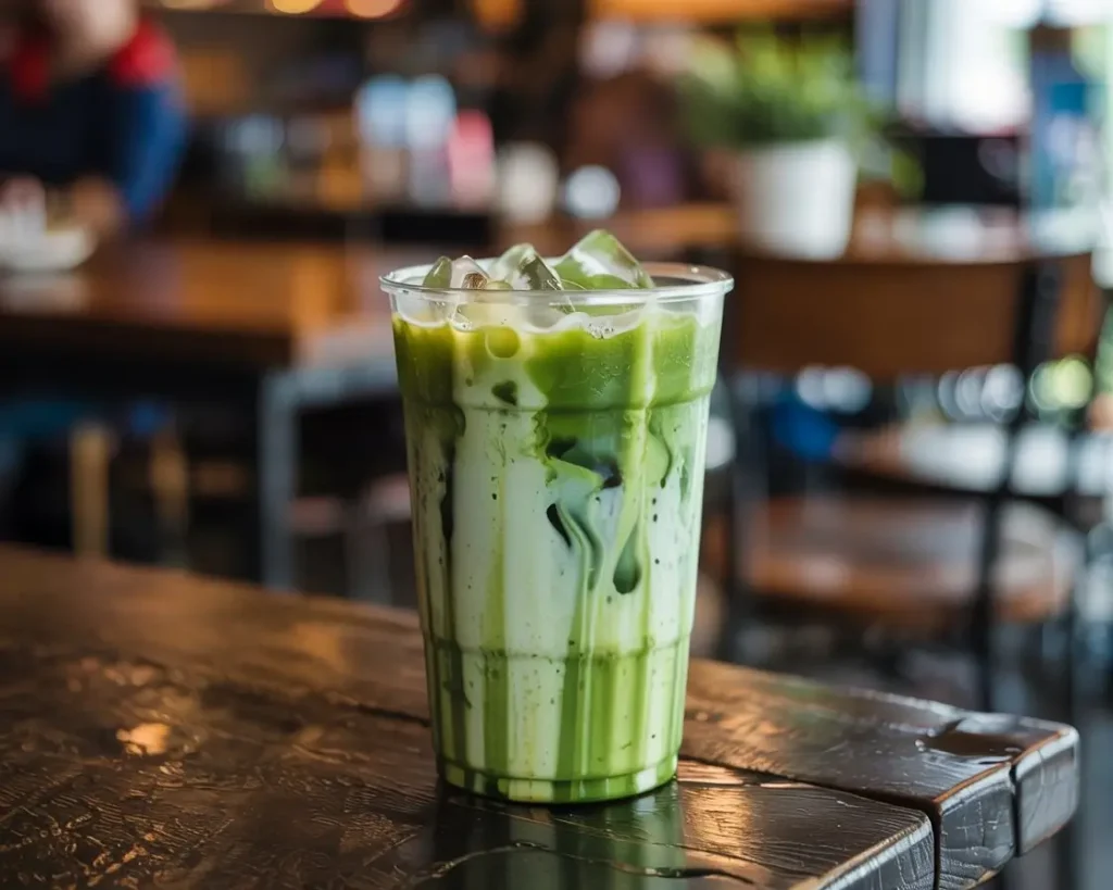 Tall clear cup of iced matcha latte with swirled green tea and milk on a café table.