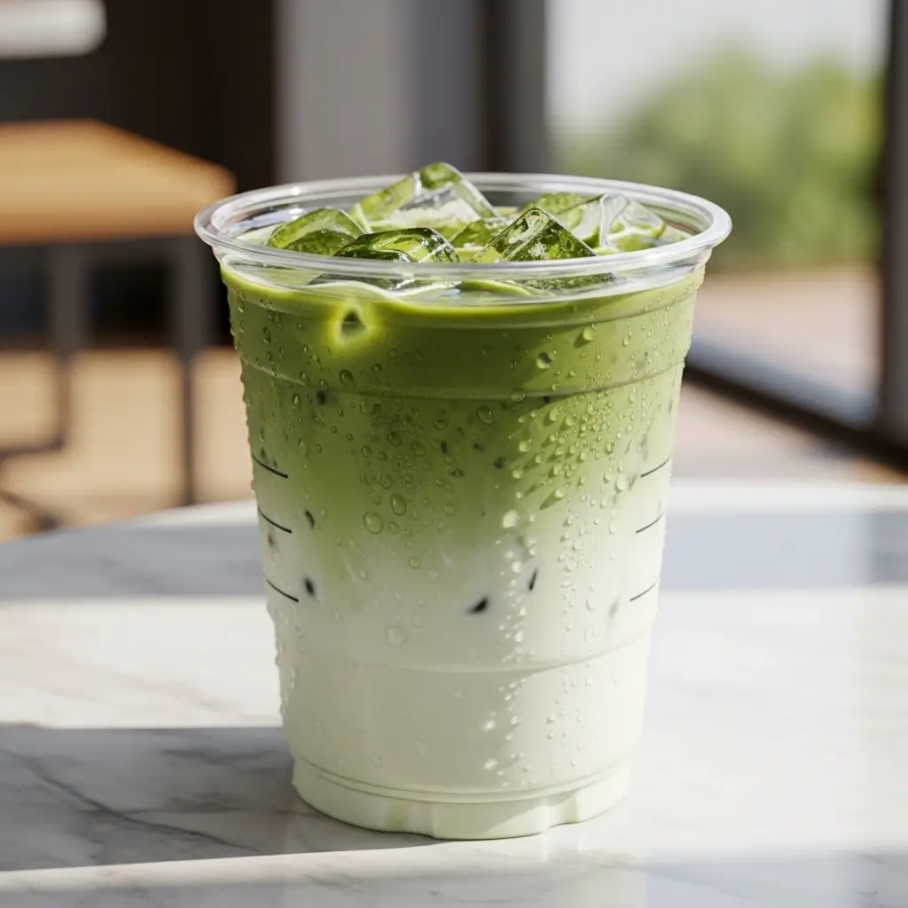 Iced matcha latte with creamy green layers and ice cubes in a clear cup on a café table.