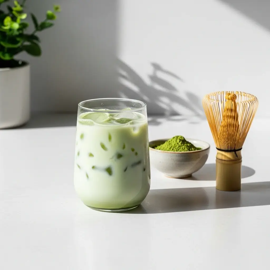 Iced matcha latte in a clear glass beside matcha powder and bamboo whisk on a clean surface.