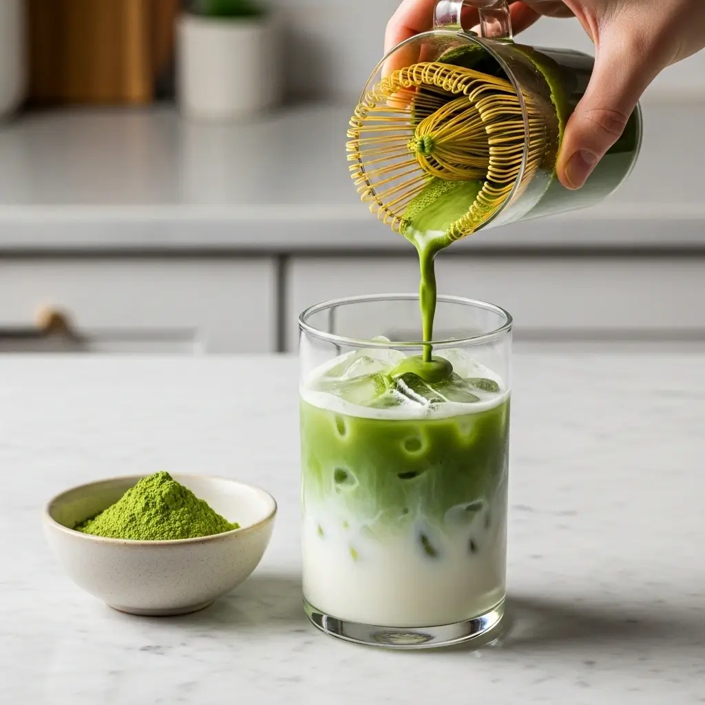 Homemade iced matcha latte with matcha being poured into a glass of milk and ice.