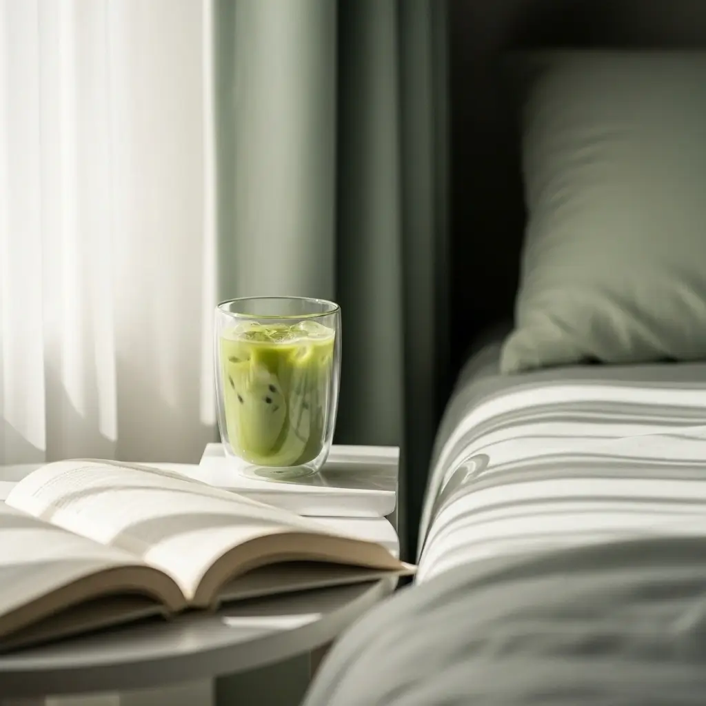 Iced matcha latte on a bedside table beside an open book in soft morning light.
