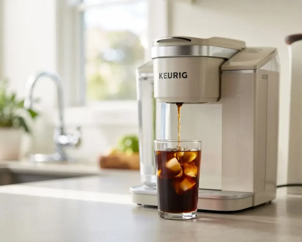 Keurig iced coffee maker brewing fresh iced coffee into a clear glass filled with ice.