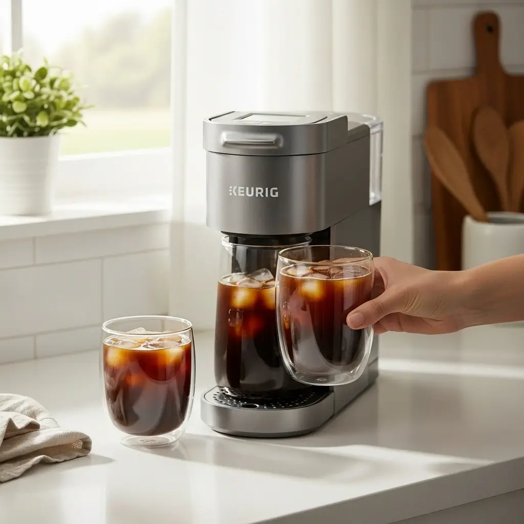Keurig iced coffee maker with two glasses of iced coffee in a sunlit kitchen.