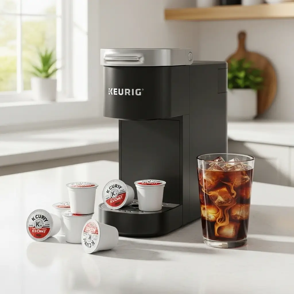 K-Cups next to a Keurig and a glass of iced coffee on a bright kitchen counter.