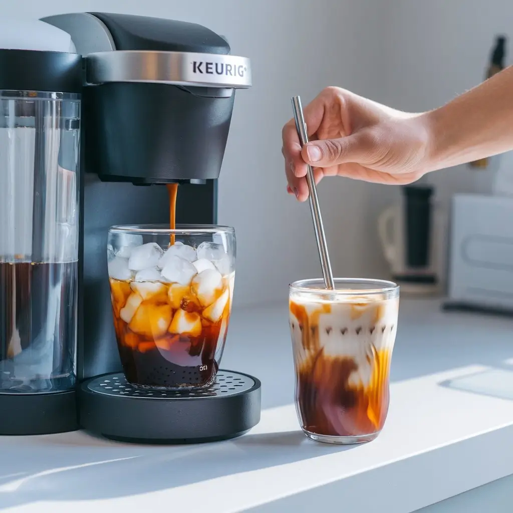 Iced coffee being brewed into a clear glass with ice from a Keurig in a home kitchen.