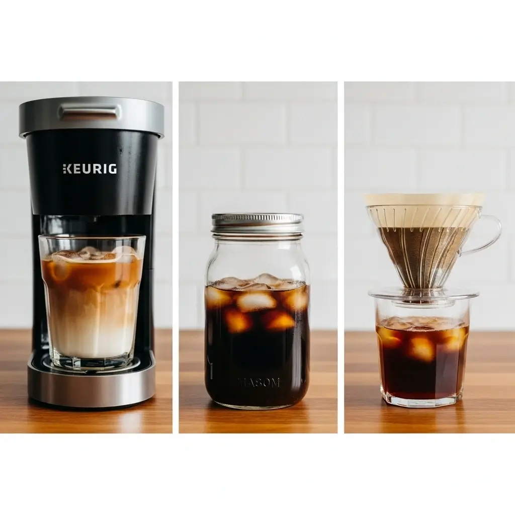 Three iced coffee styles—Keurig, cold brew, and pour-over—side by side on a kitchen counter.
