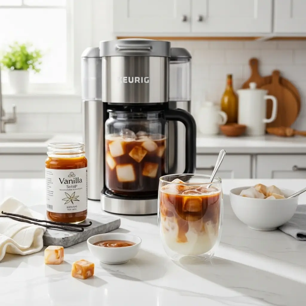 Keurig iced coffee setup with creative ice cubes and flavor add-ins on a kitchen counter.