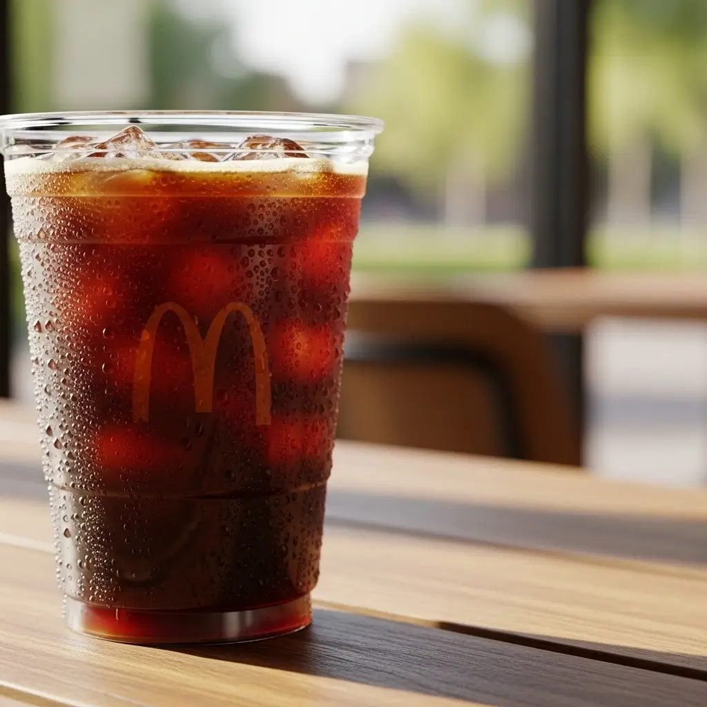 Close-up of McDonald’s iced coffee with ice on a wooden table in warm light.