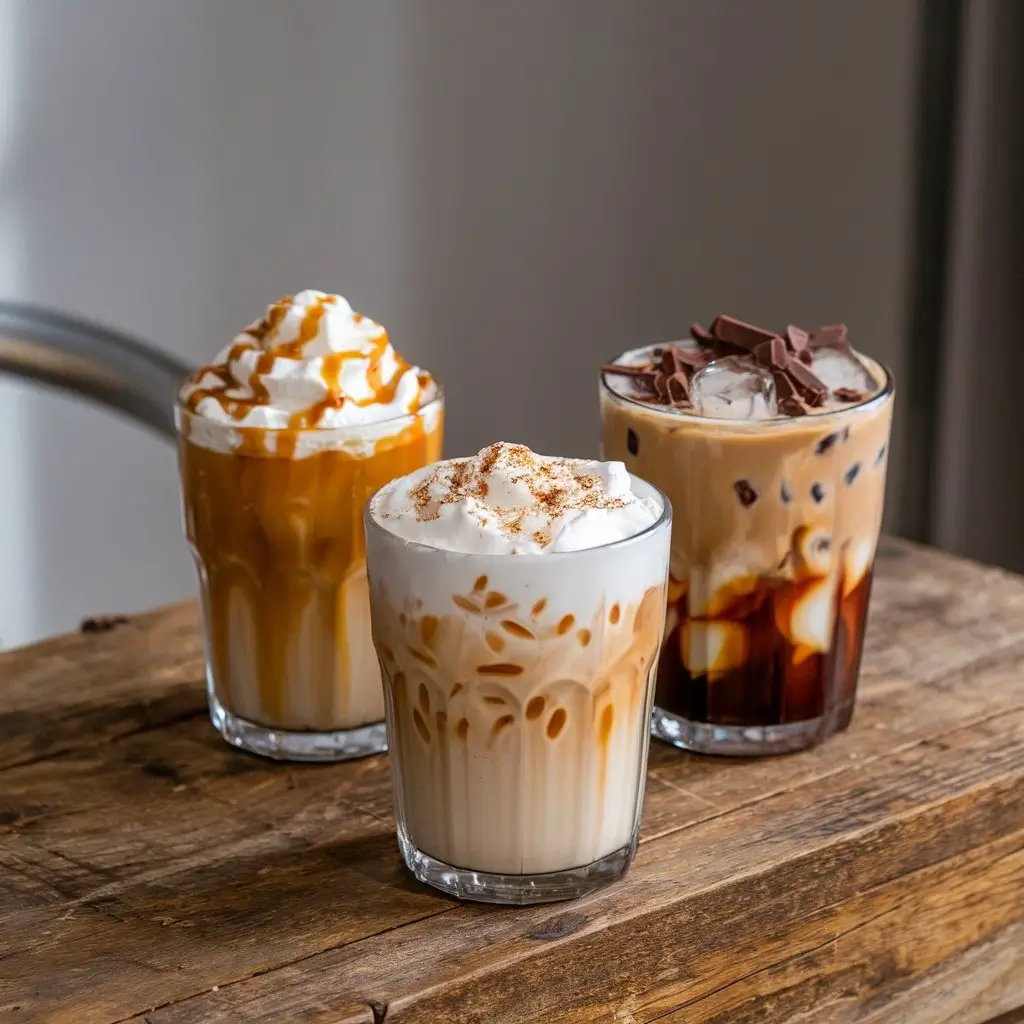 Three customized iced coffee drinks with caramel, oat milk, and chocolate toppings on a wooden table.