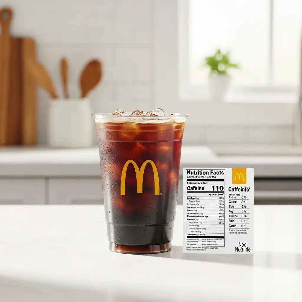 McDonald’s iced coffee cup beside nutrition facts and caffeine information cards.
