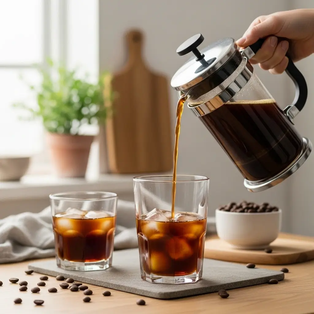 Homemade iced coffee poured from a French press into a glass with ice cubes.