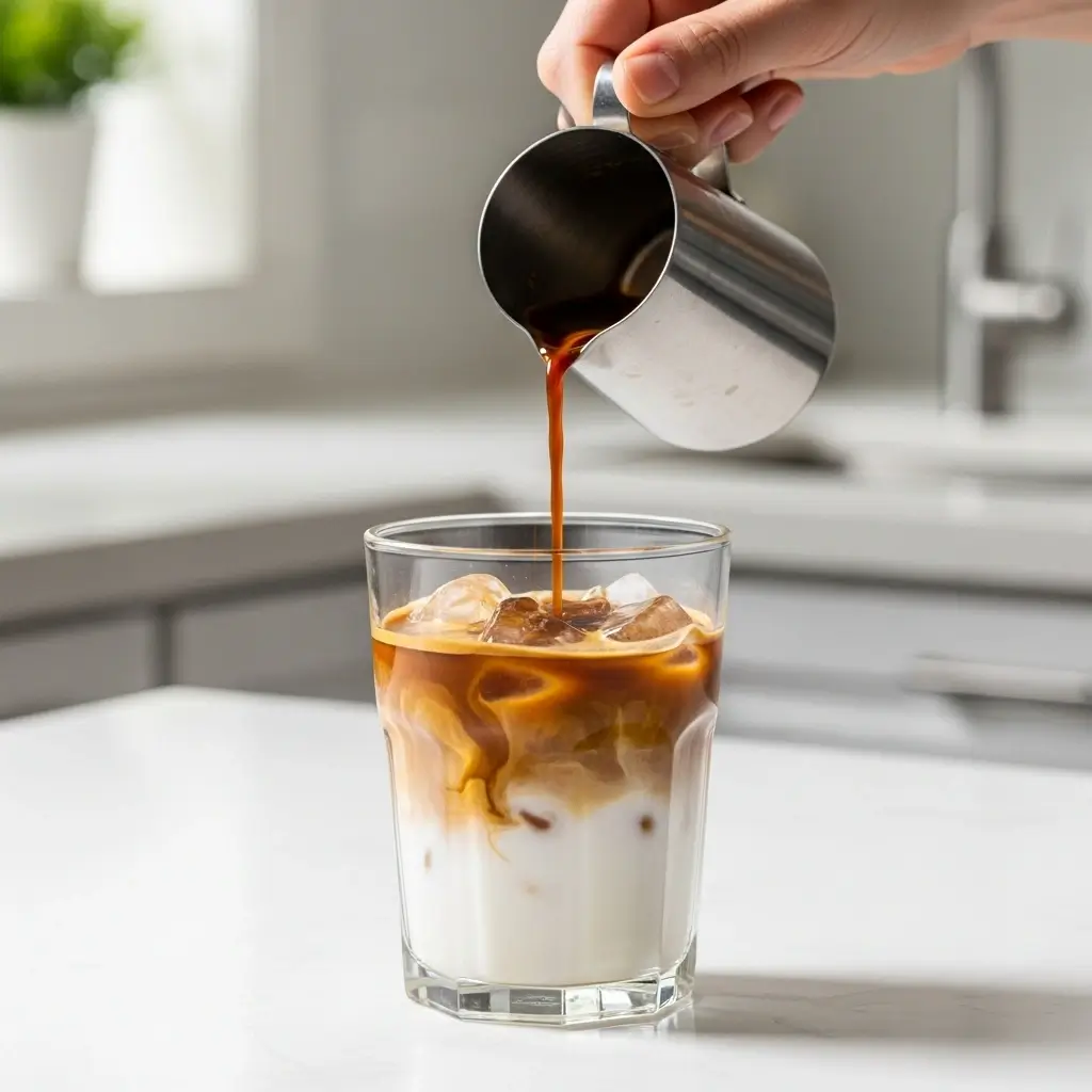 Espresso being poured into a clear glass of milk and ice to make an iced macchiato at home.