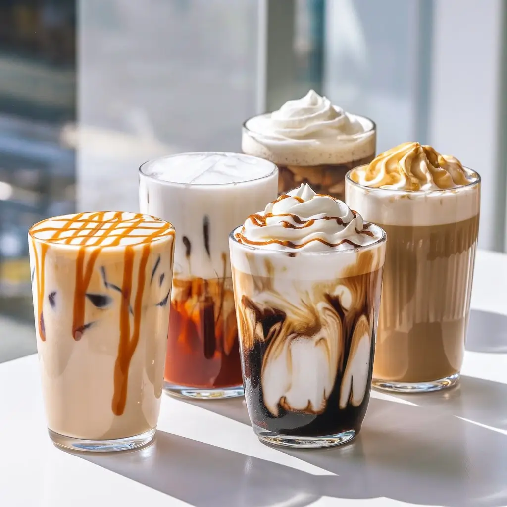 Four iced coffee drinks with caramel, vanilla, mocha, and hazelnut flavors on a café table.