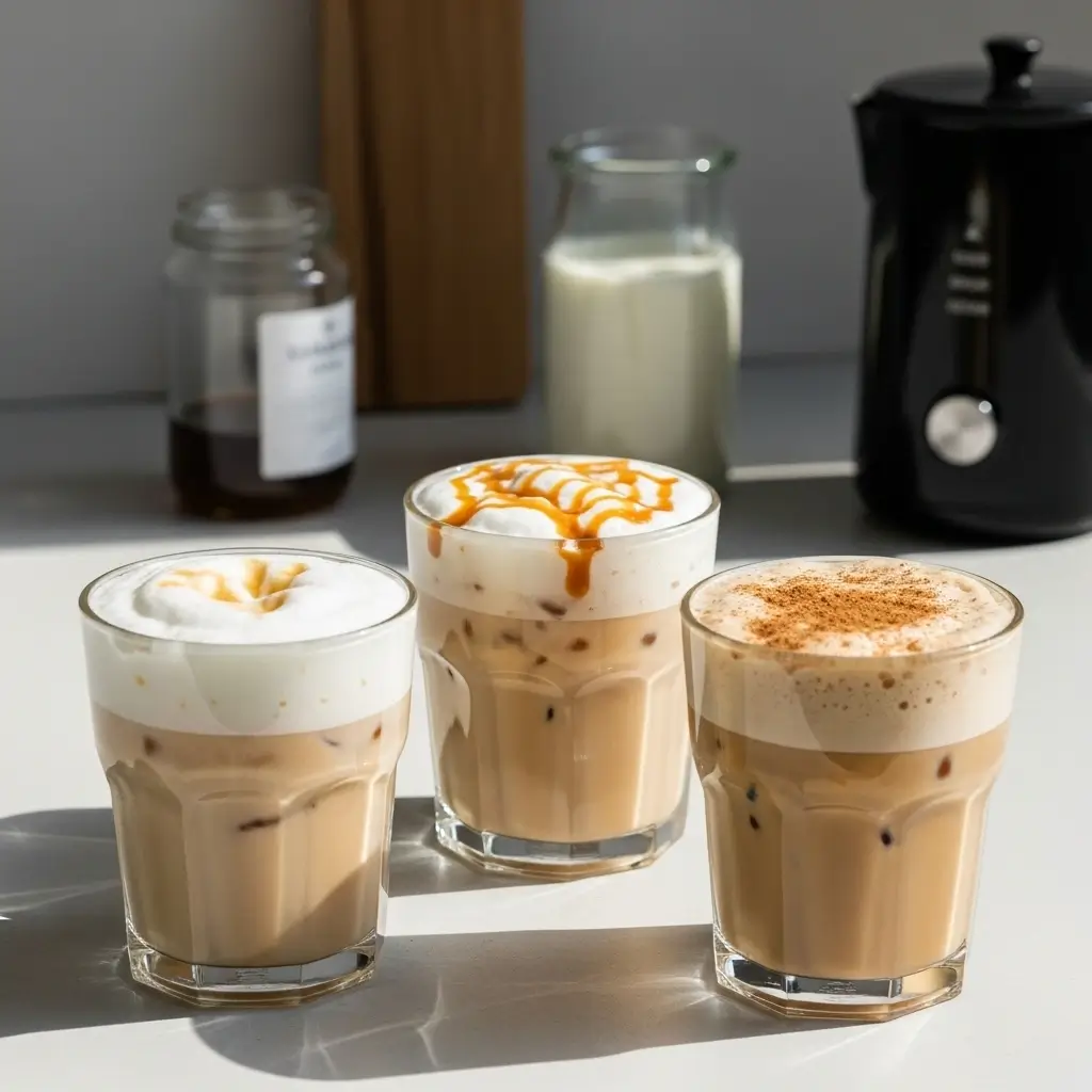 Three iced macchiatos with caramel, vanilla foam, and cinnamon, styled with coffee tools on a counter.