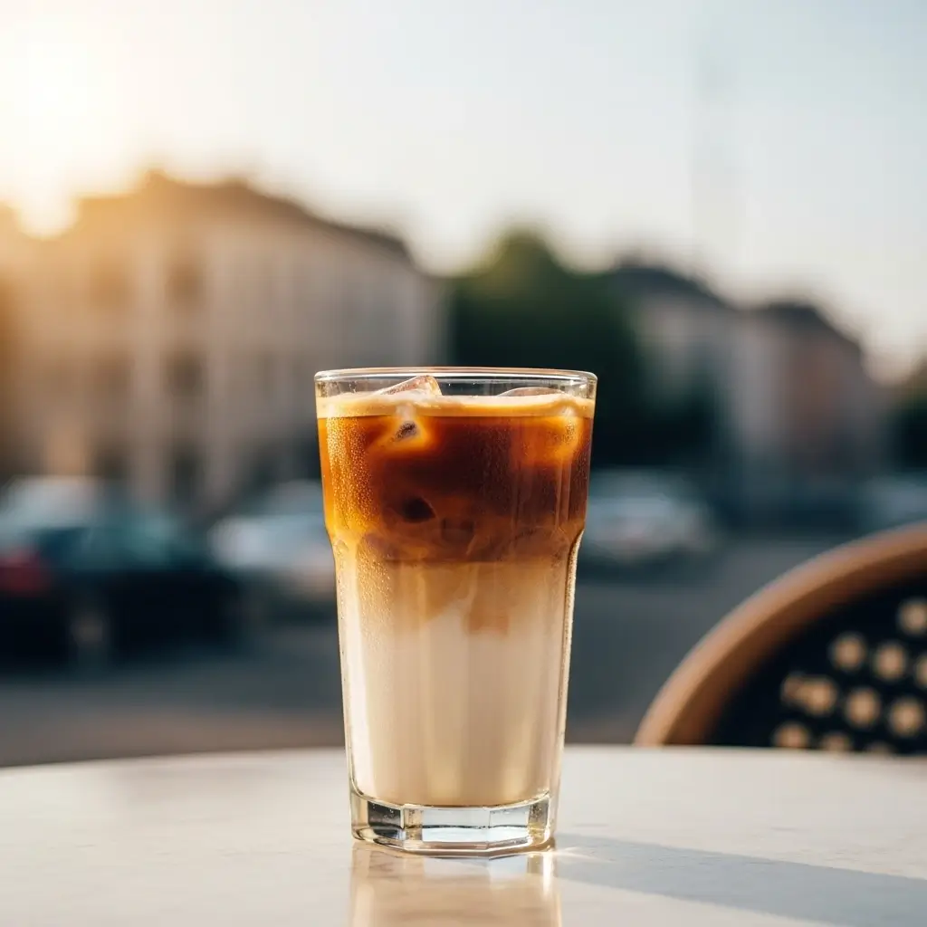 Iced macchiato with layered espresso and milk on a café table in warm golden light.