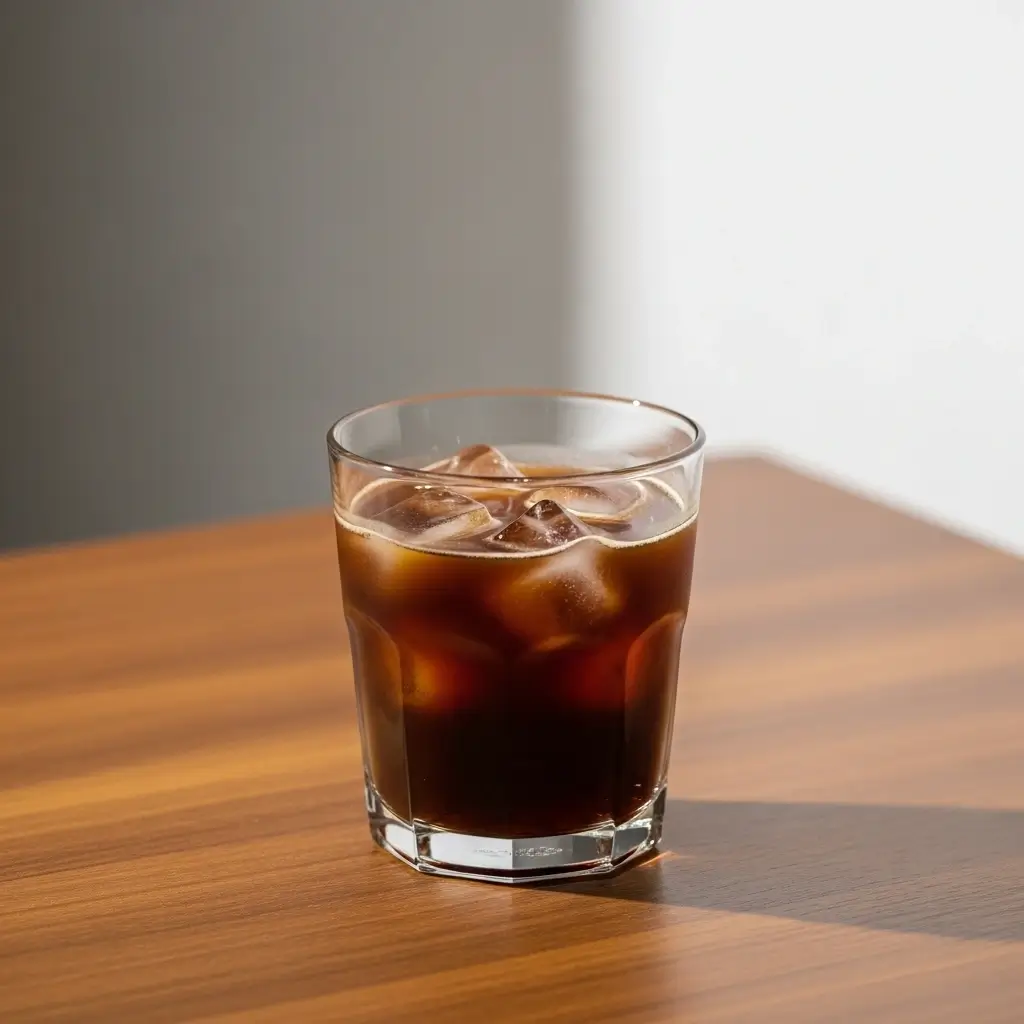 Classic iced coffee in a clear glass with ice cubes on a wooden table.