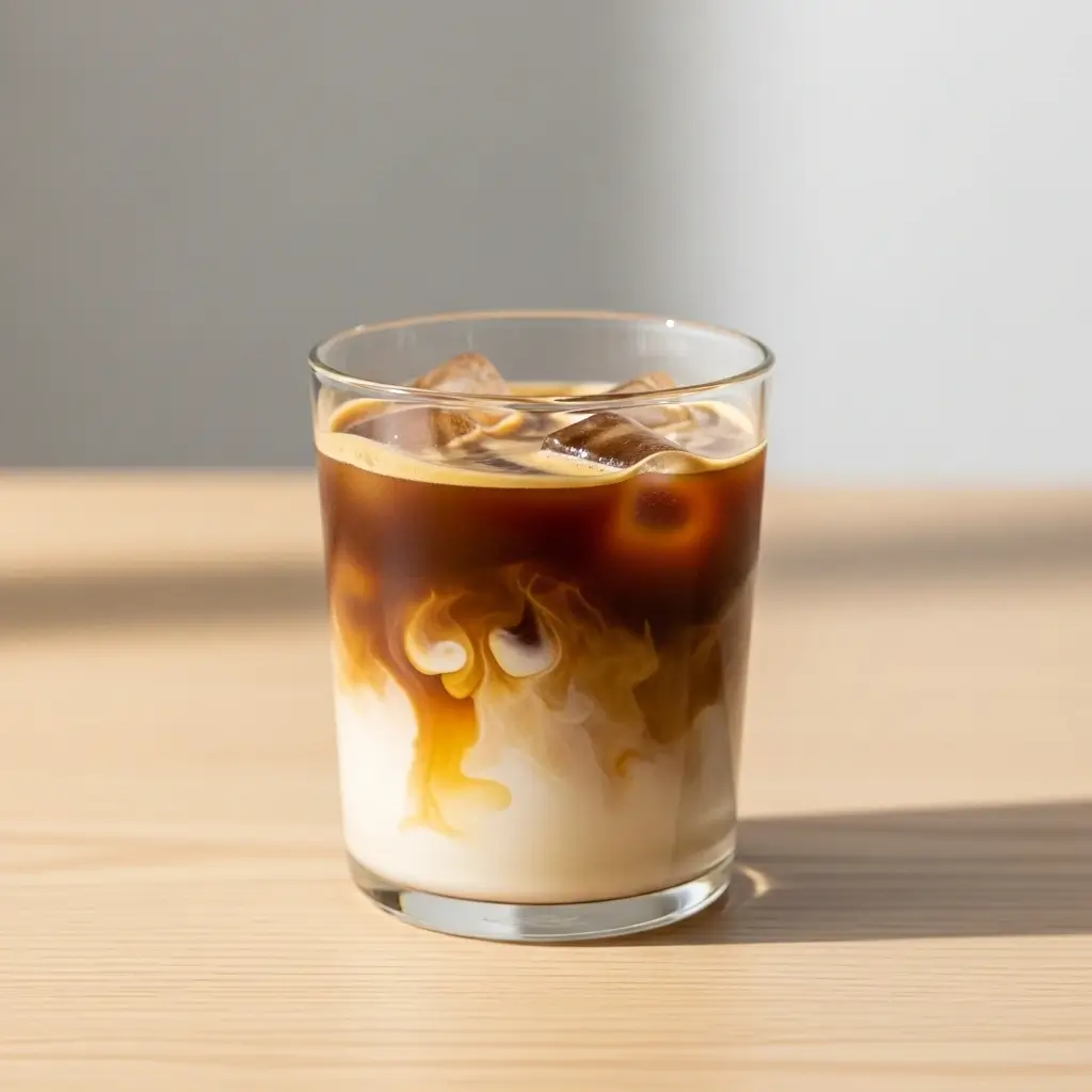 Iced coffee topped with vanilla sweet cream swirling gently in a clear glass.