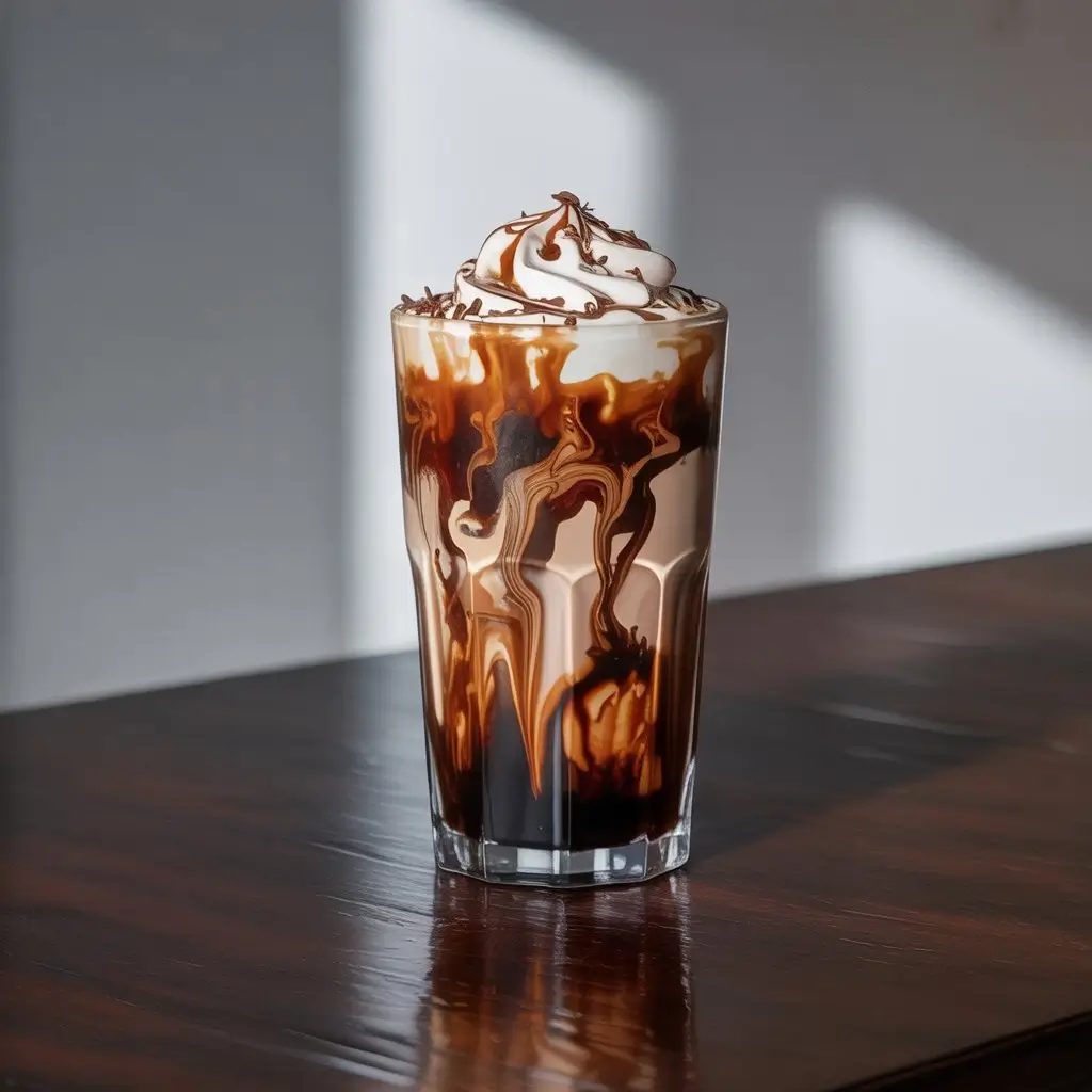 Mocha iced coffee with chocolate swirls, whipped cream, and chocolate shavings in a clear glass.