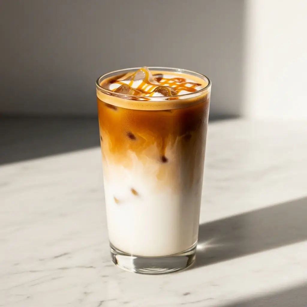 Iced caramel macchiato with layered milk, espresso, and caramel drizzle in a tall clear glass.