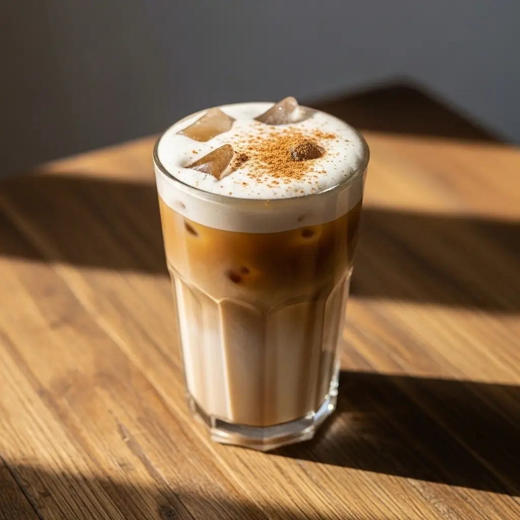 Iced coffee topped with cinnamon spice foam and cinnamon sprinkle in a clear glass.