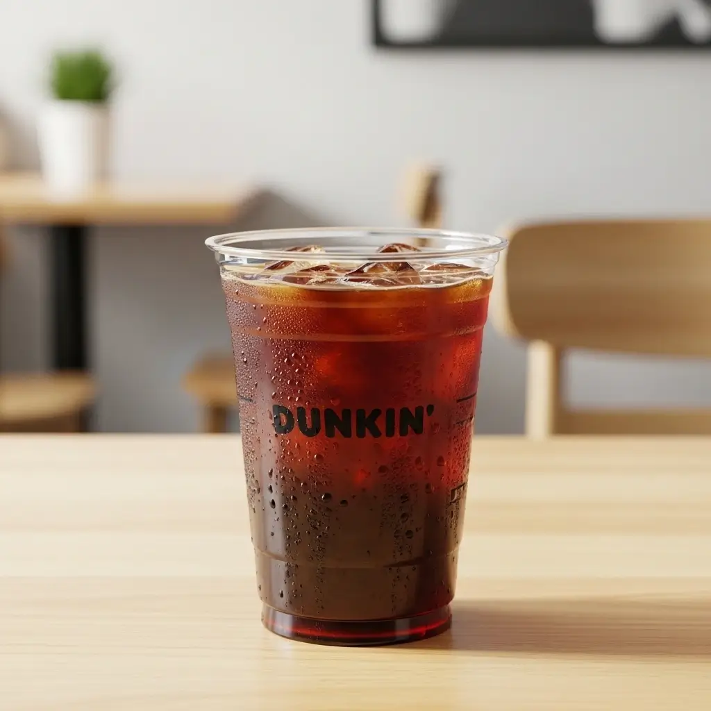 Classic iced coffee in a clear cup with ice on a wooden table in bright daylight.