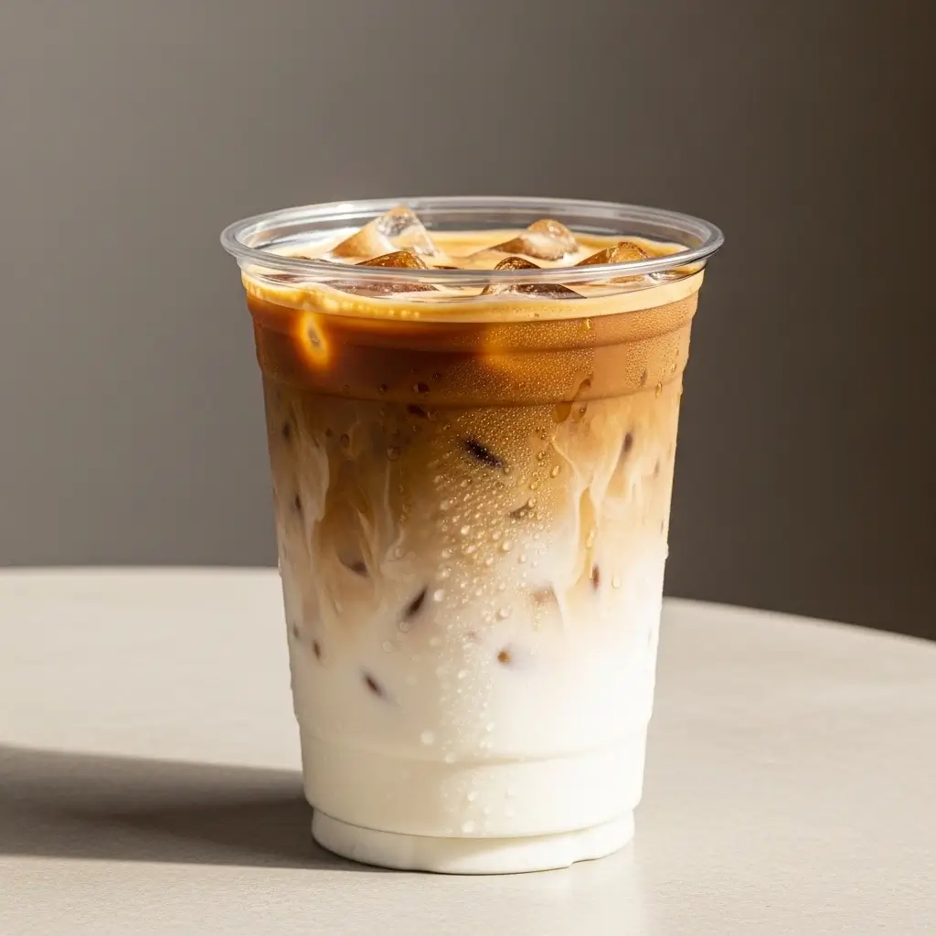 Dunkin’-style iced latte with espresso and milk swirls in a clear cup on a café table.