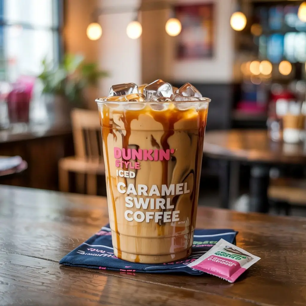 Dunkin’-style iced caramel swirl coffee with ice and caramel drizzle in a clear cup.