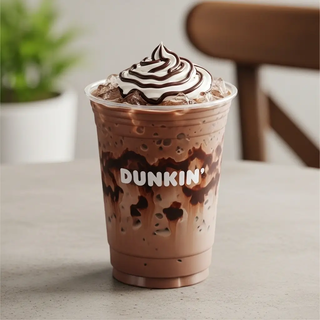 Dunkin’-style iced mocha with whipped cream and chocolate drizzle in a clear cup.