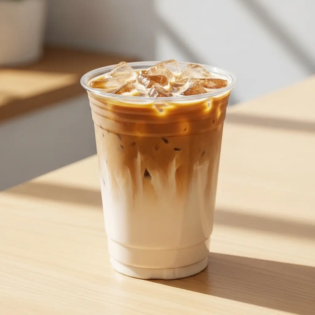 Dunkin’-style iced hazelnut coffee in a clear cup with ice and a creamy swirl.