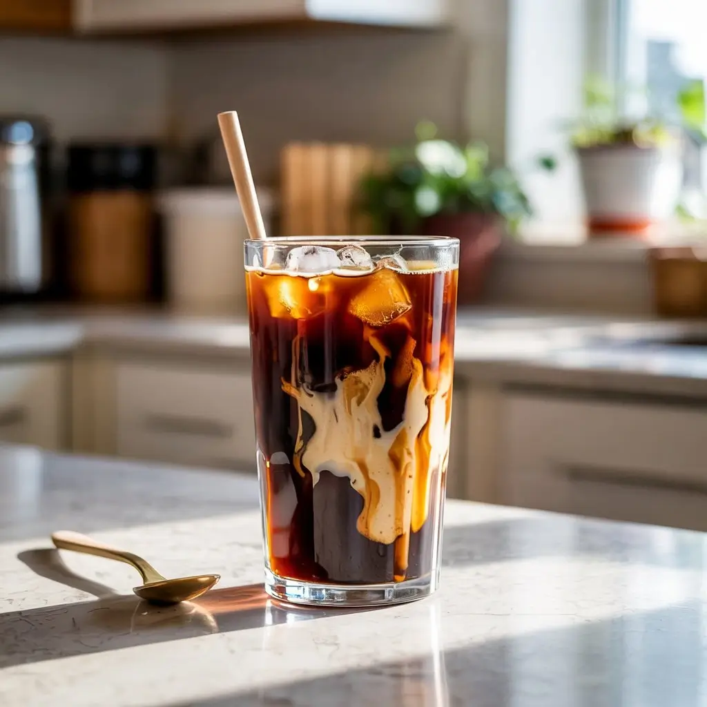 Dunkin-style iced coffee in a clear glass with creamy swirls and ice.
