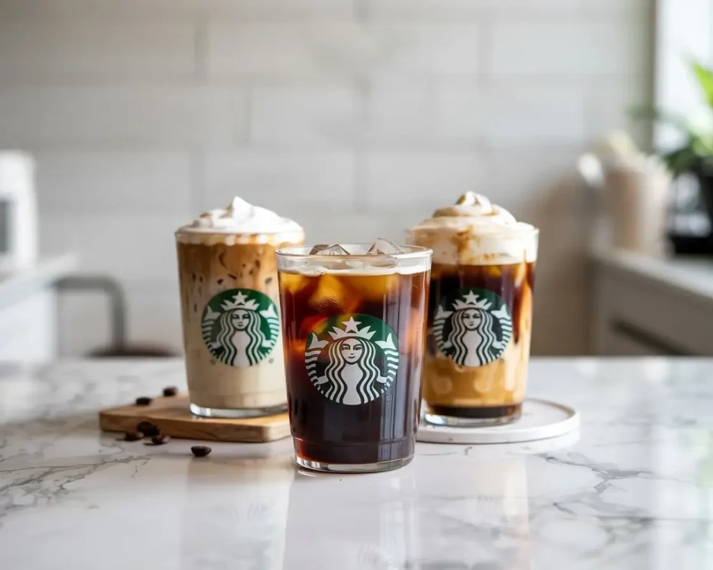 Three keto-friendly Starbucks-style iced drinks with different layers and textures on a marble counter.