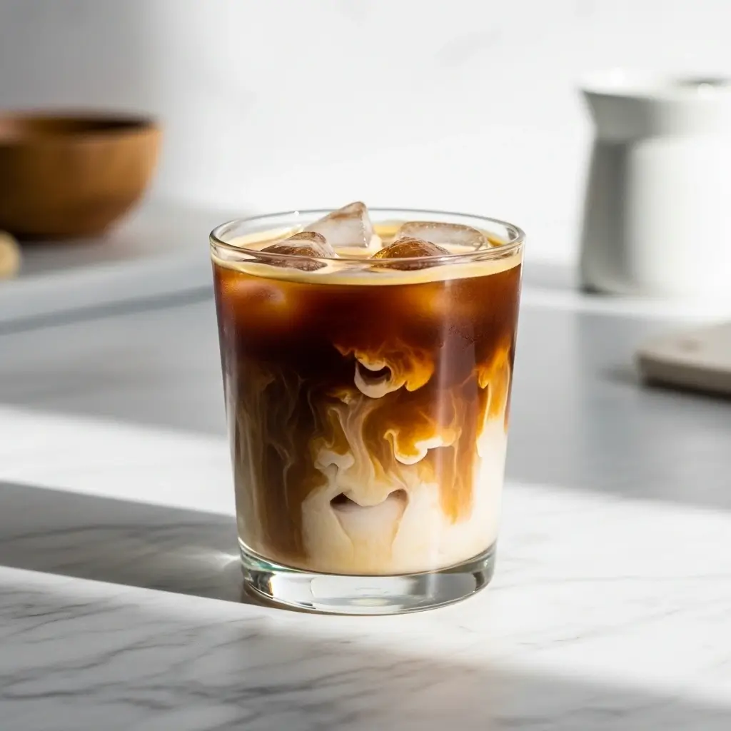 Keto iced coffee with heavy cream swirls in a clear glass over ice on a marble surface.