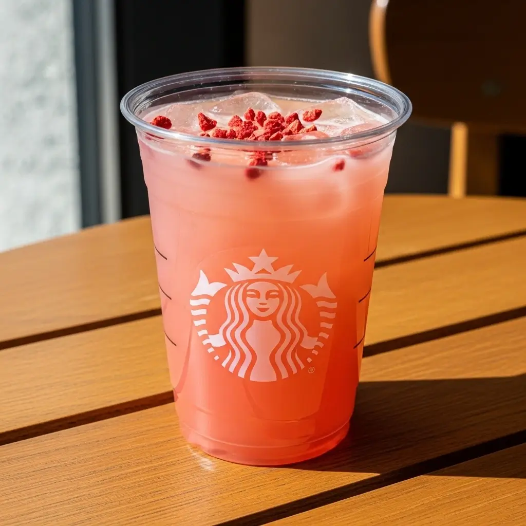 Keto pink drink with light pink hue, ice, and strawberries in a clear cup on a café table.