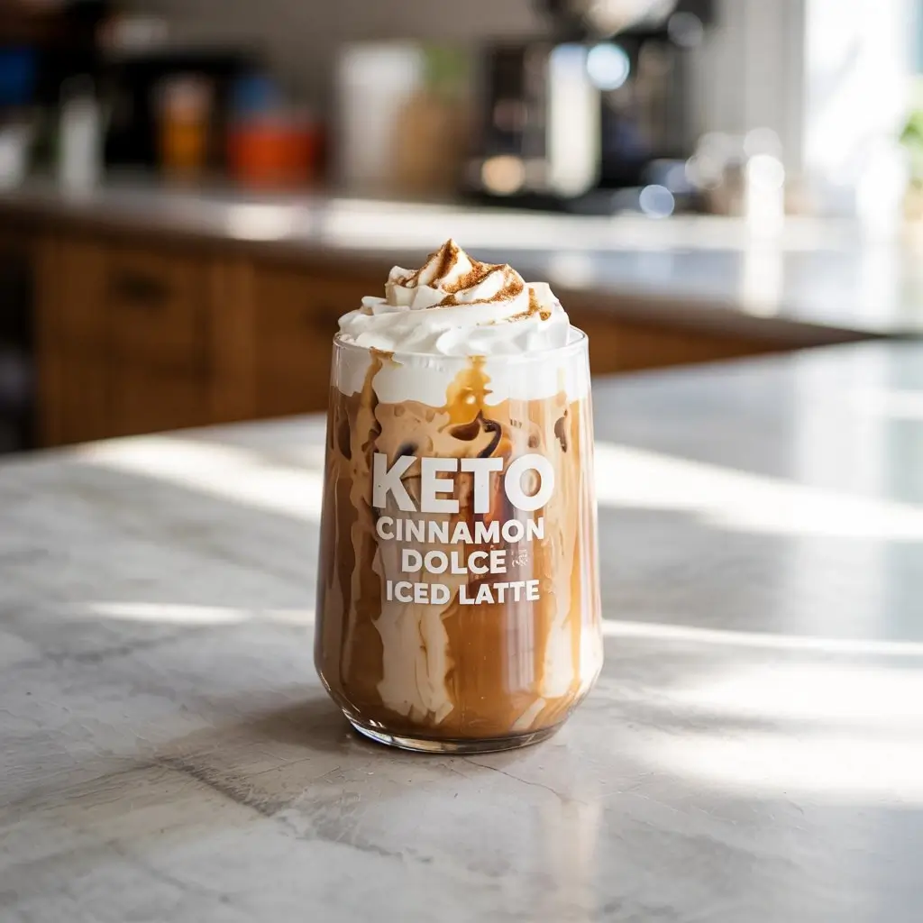 Keto cinnamon dolce iced latte in a clear glass with whipped cream and cinnamon on top.