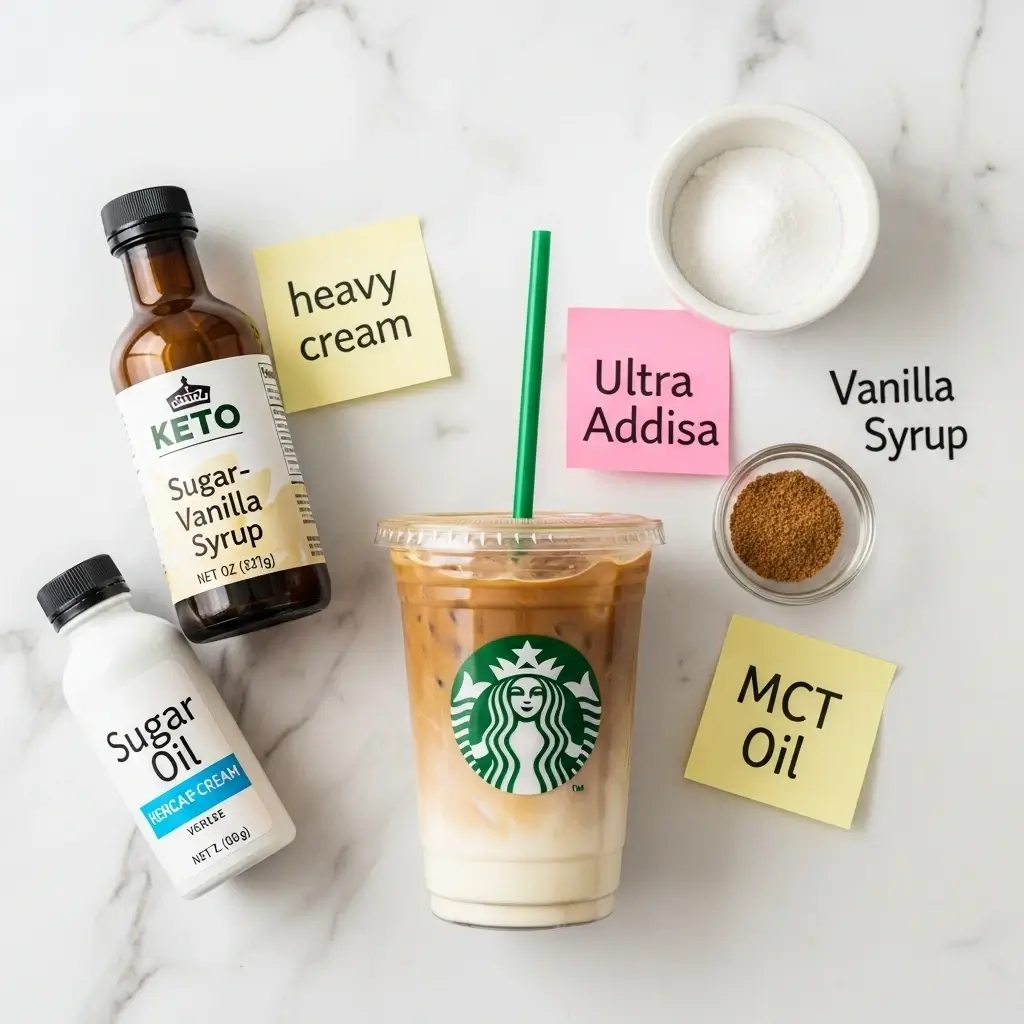 Keto-friendly iced coffee with cream and sugar-free syrup on a marble counter.