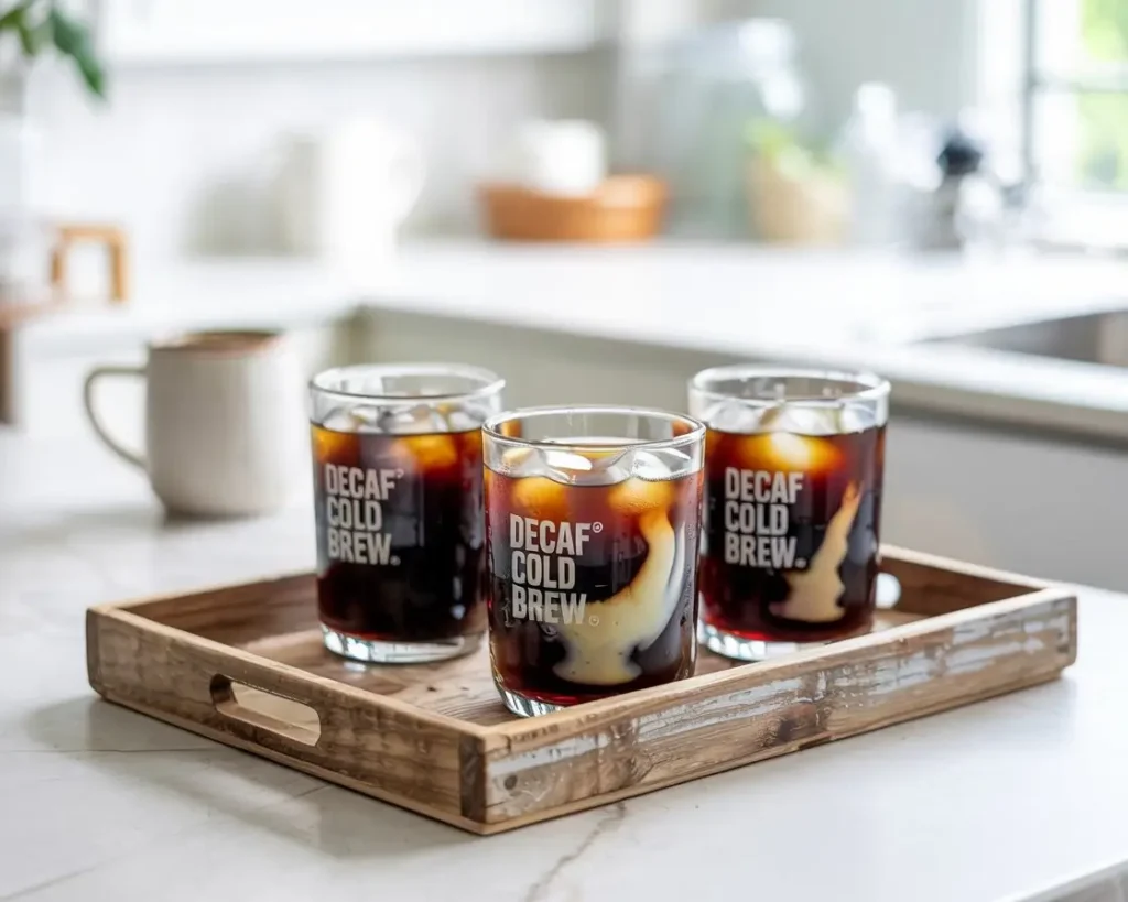 Three glasses of decaf cold brew coffee with ice, cream, and almond milk on a wooden tray.