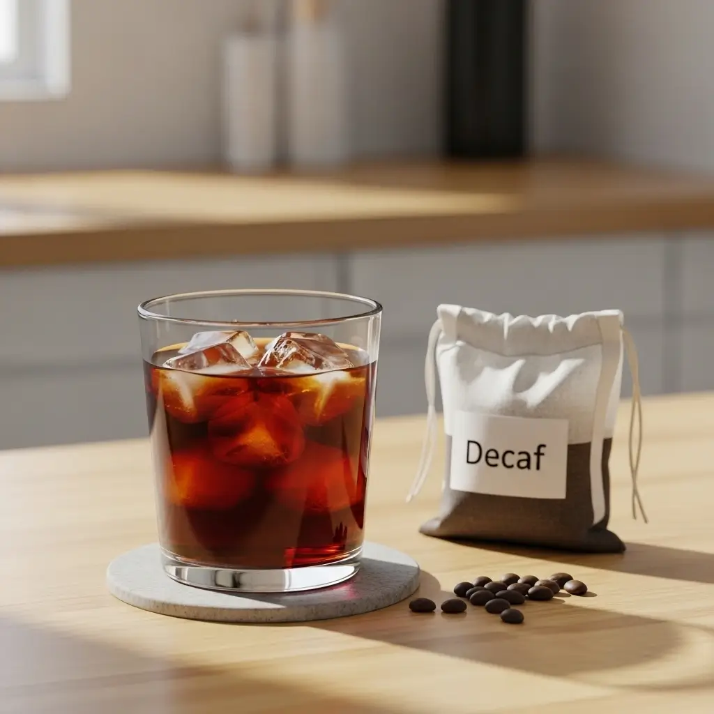 Glass of decaf cold brew coffee with ice next to a small decaf coffee bean bag on a wooden table.