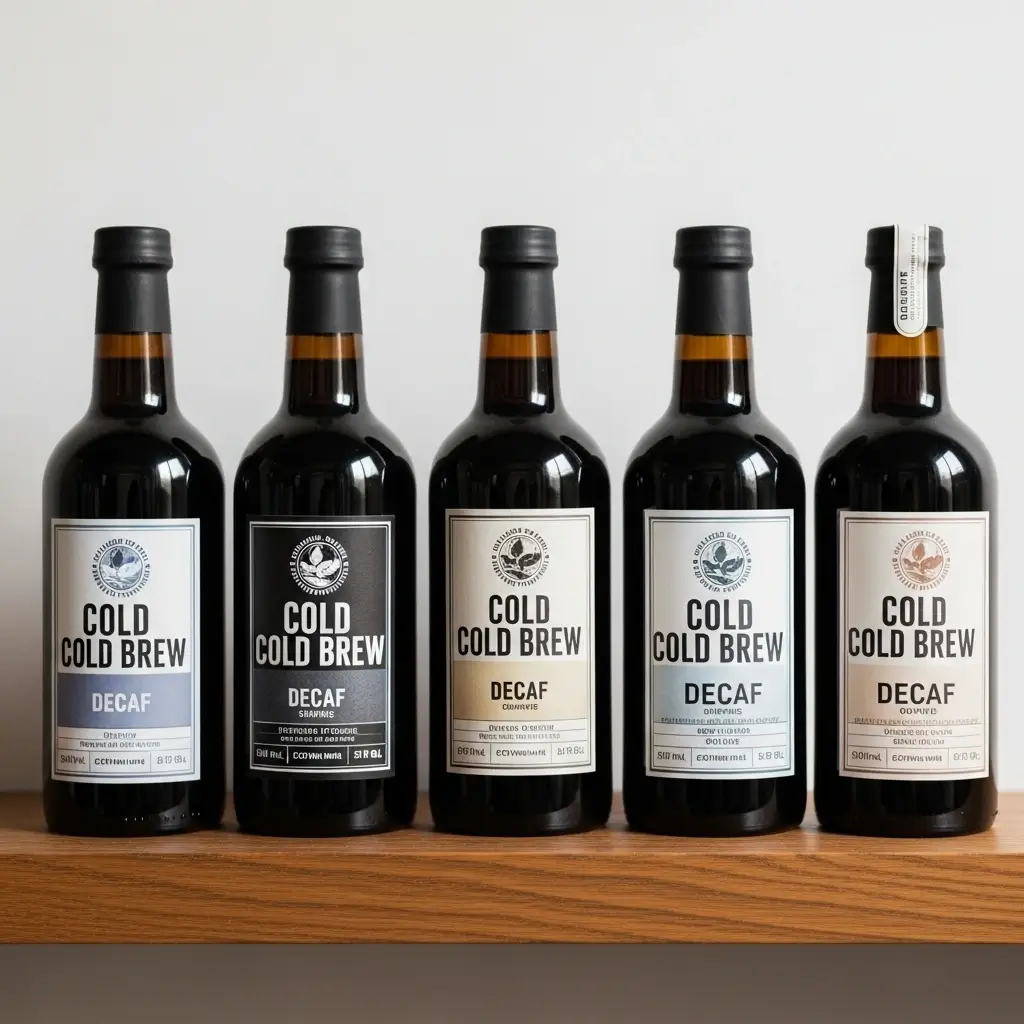 Five decaf cold brew coffee bottles from various brands displayed on a wooden shelf.