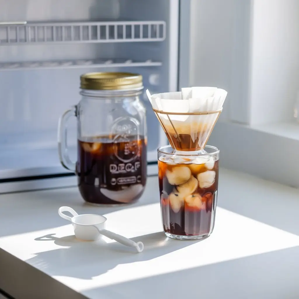 Mason jar steeping decaf cold brew with coffee grounds, next to a glass of iced decaf cold brew.