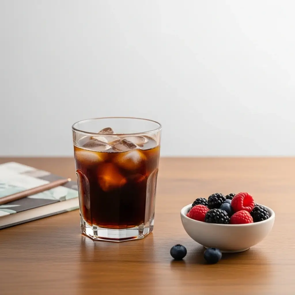 Decaf cold brew coffee with ice beside antioxidant-rich berries and a wellness journal on a wooden table.