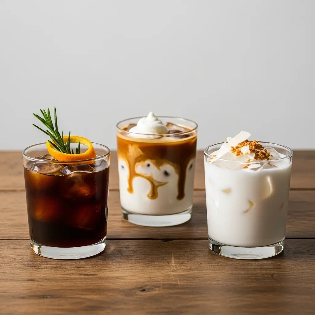 Three creative decaf cold brew drinks with orange zest, vanilla cream, and coconut toppings on a wooden table.
