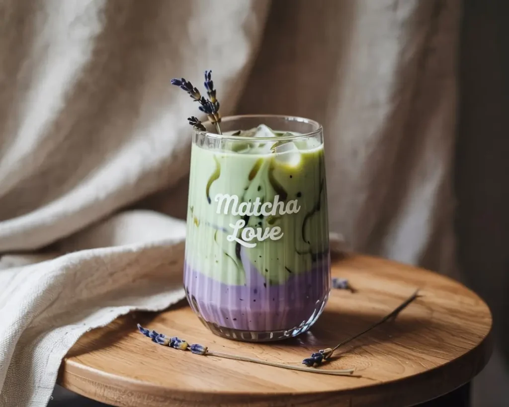 Iced lavender matcha latte with green and purple swirls topped with dried lavender buds in a clear glass.